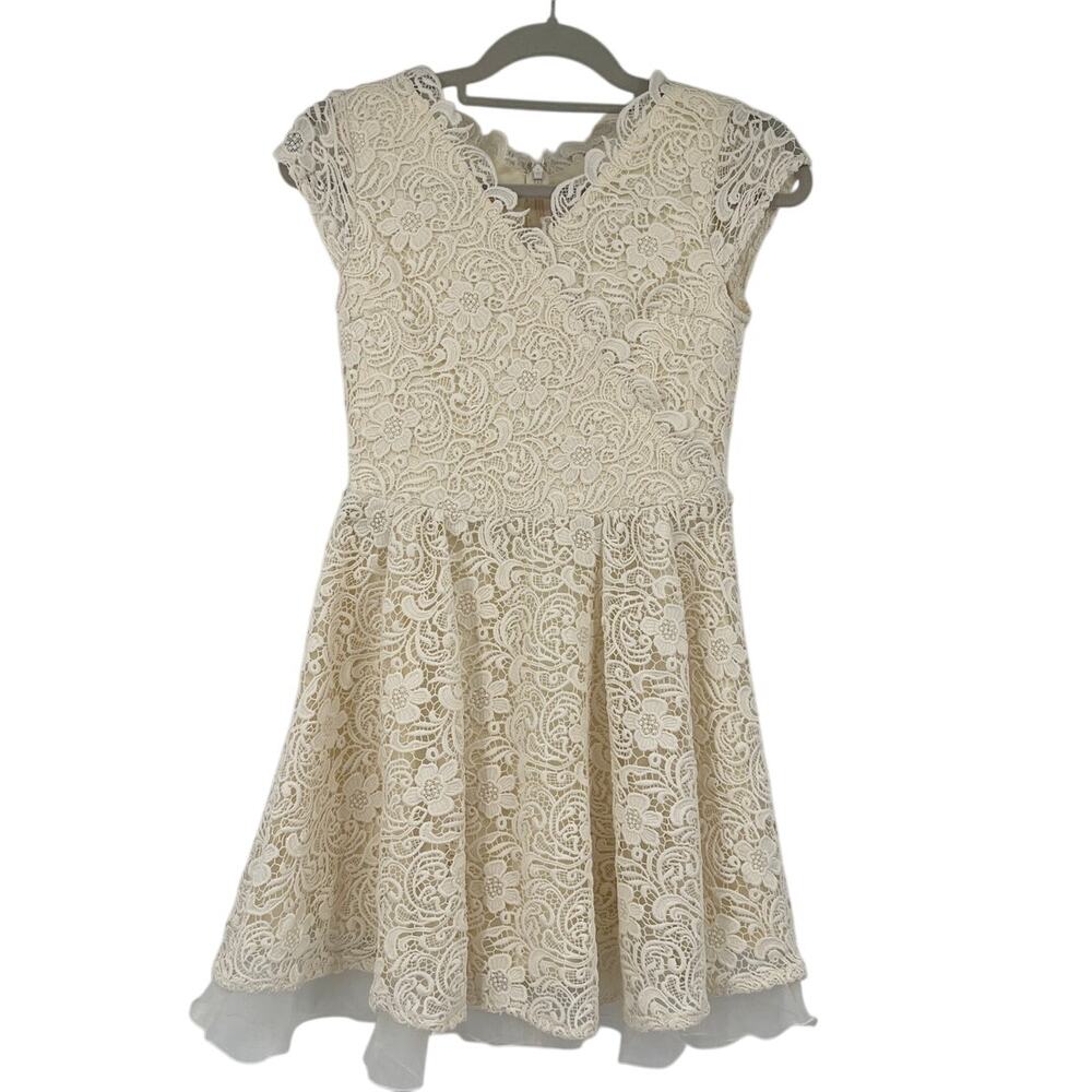 Lily Brown Lace Fit & Flare Dress Sz 0 Floral Crochet Romantic Glam Tulle Fairy